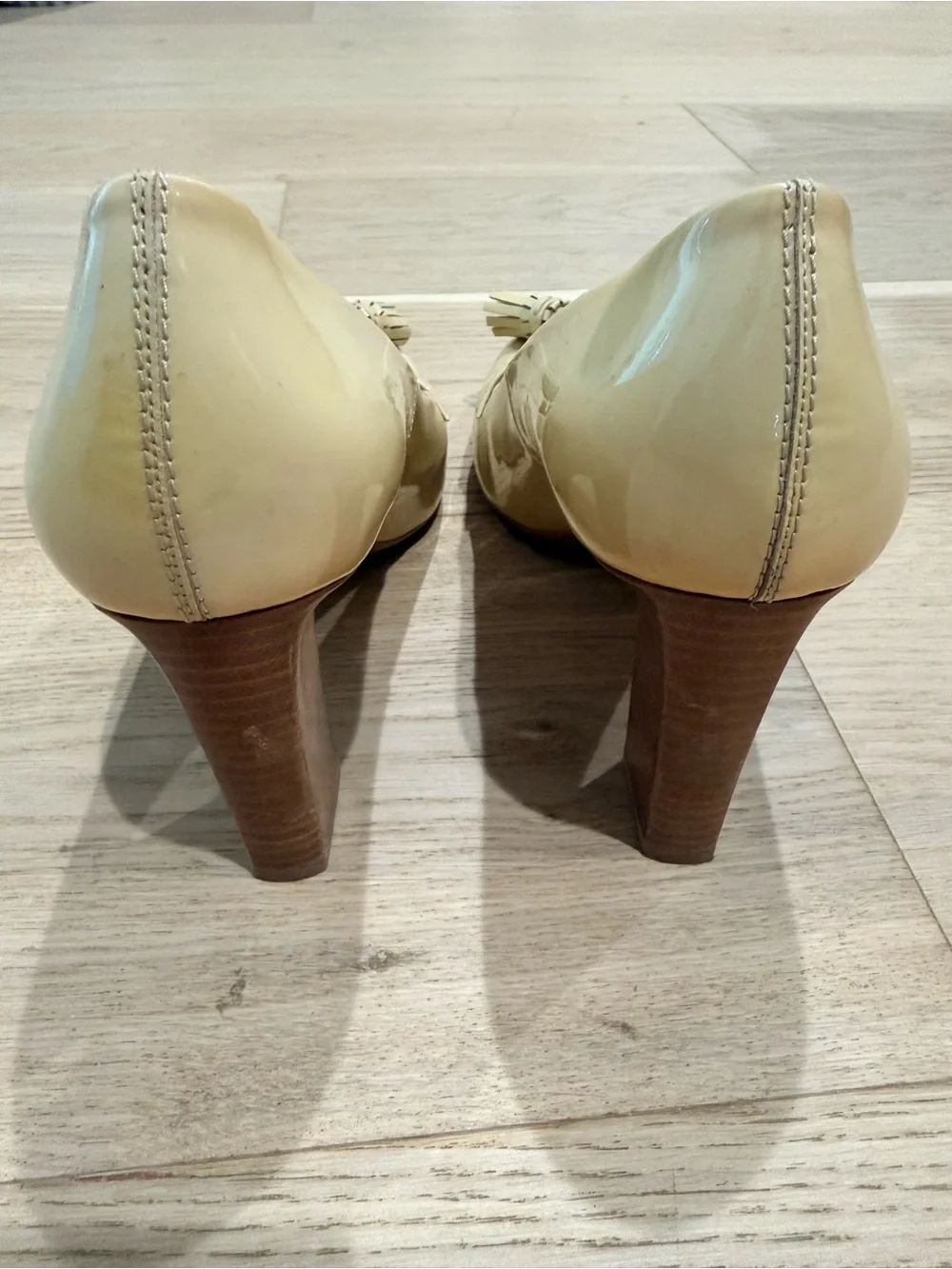 Tod's Cream Patent Leather Tassel Block Heels